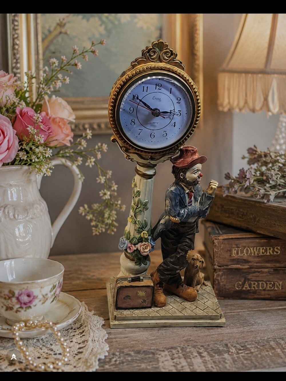 Vintage Crosa Quartz Clown Figurine Mantle Clock Shelf Decor